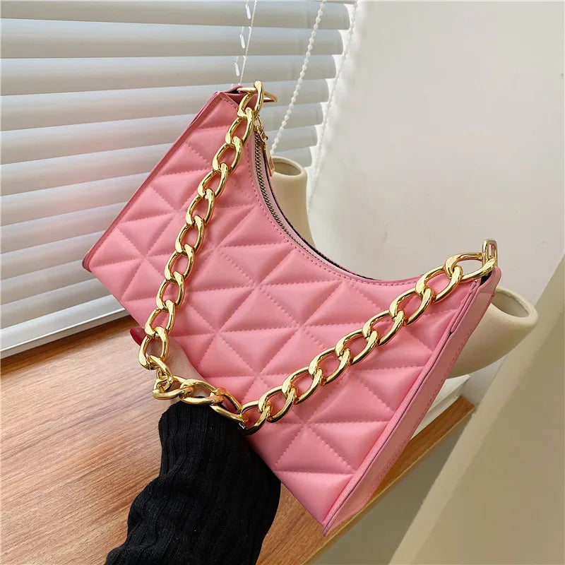 Women's Diamond Pattern Shoulder Bag PU Leather Solid Color Niche Chain Handbag Fashion Females Underarm Shopping Bag