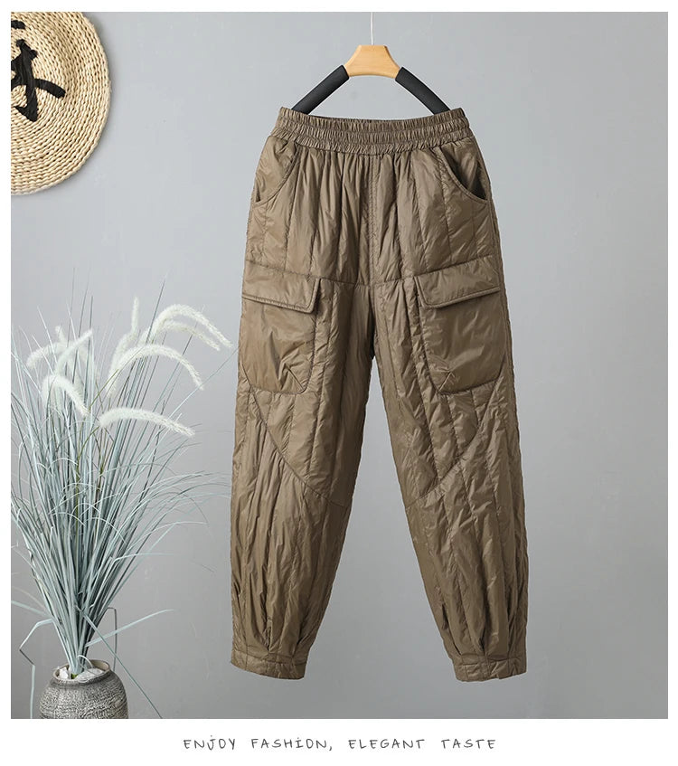 Elegant Light Weight Warm Down Cotton Trousers 2024 New Winter Outerwear Work Trousers Windproof Quilted Harem Pants for Women