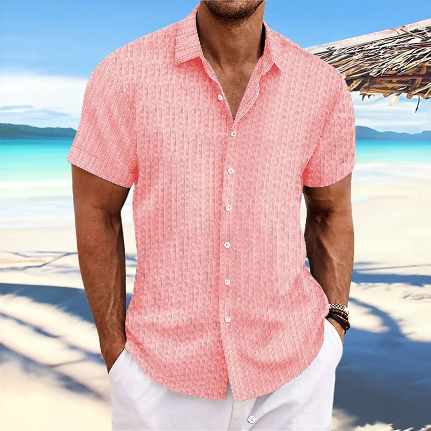 2023 Cross-border explosive Amazon Express men's linen striped jacquard casual fashion loose short-sleeved shirt