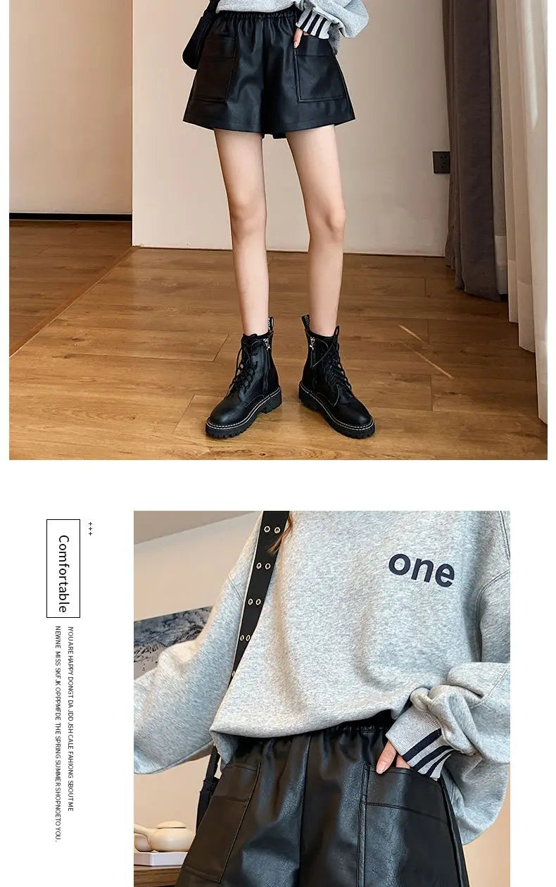 Shorts Women Ulzzang Chic Elastic Waist Pockets Loose Simple Pure Black Trendy Ins PU Leather Fall Casual 3XL Female All-match