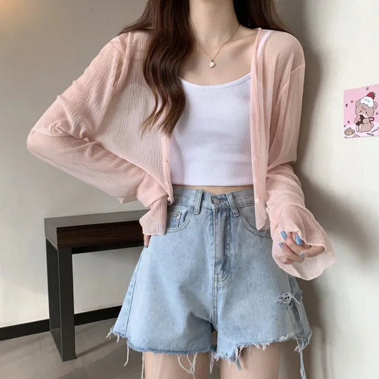 Fairy Style Solid Cardigan Women Summer New Long Sleeve Sunscreen Sweet Beading V-neck Basics Loose Chiffon Cardigana