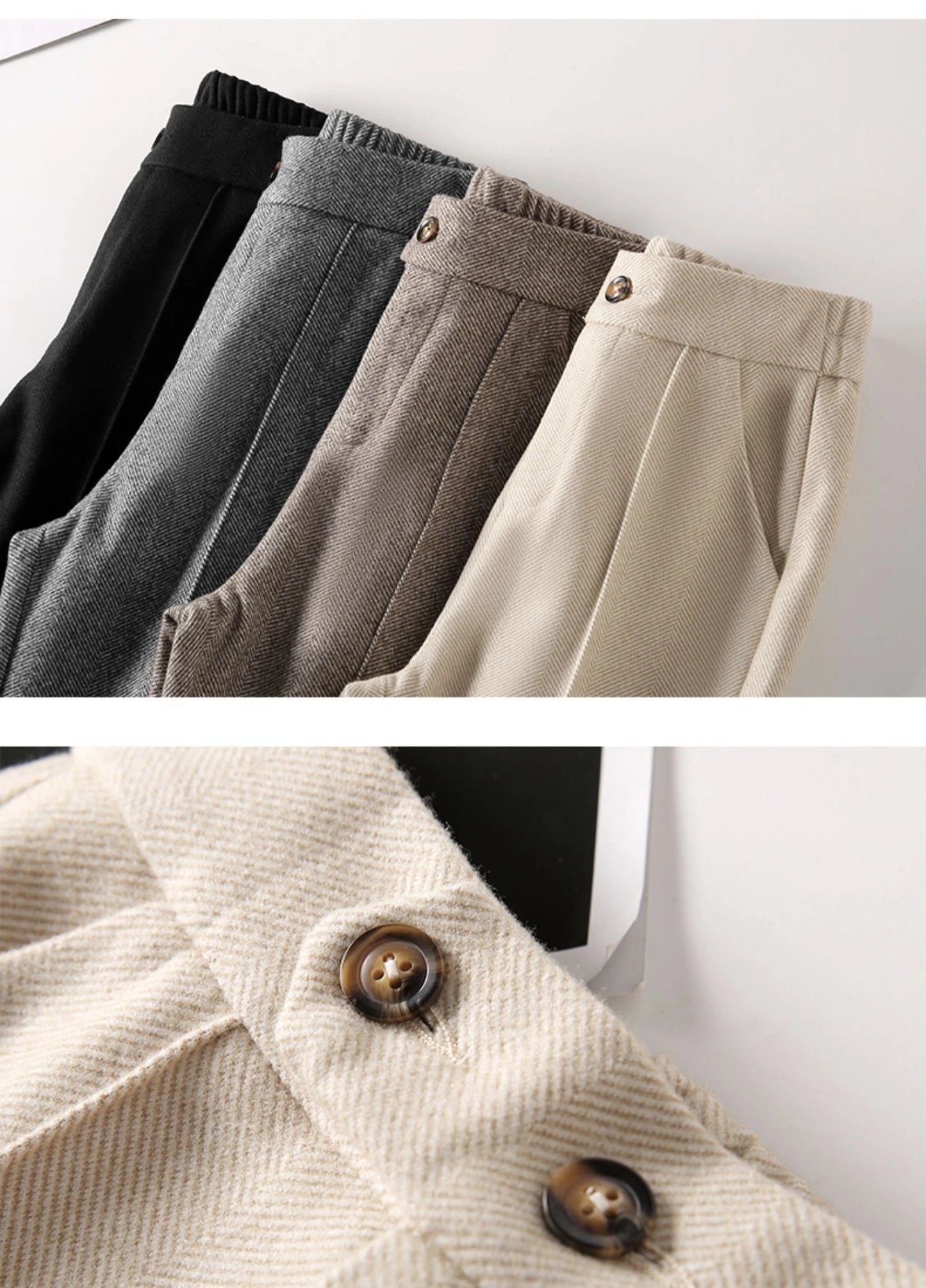 Herringbone Woolen Women's Pants Autumn and Winter 2024 New Elastic Waist Flare Pants Fashion Warm Comfort Black Trousers Women