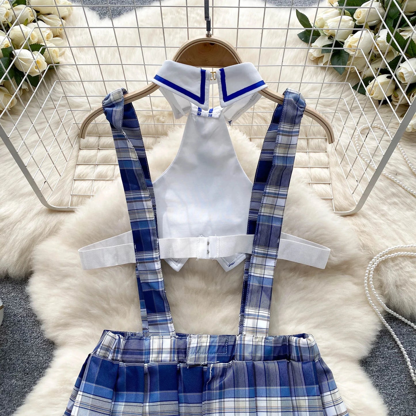 Girls Sexy Cute Japanese JK Uniform  Mini Checkered Strap Skirt Off Shoulder High Waist Elastic Cosplay Dress Hot Sweet Pajama