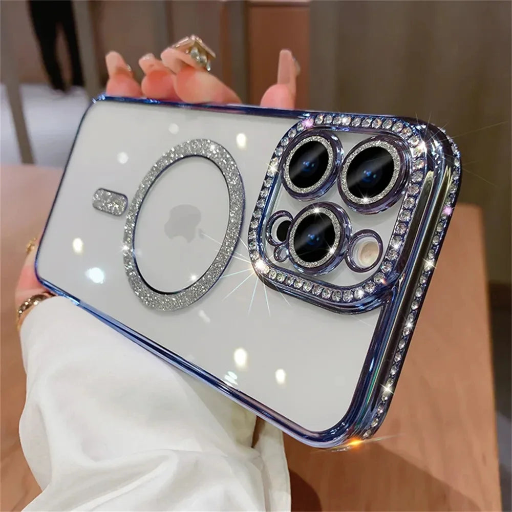 2024 New Fashion Glitter Diamond Transparent Case For iPhone 16 15 14 Plus 13 12 11 Pro Max Magnetic Wireless Charge Back Cover