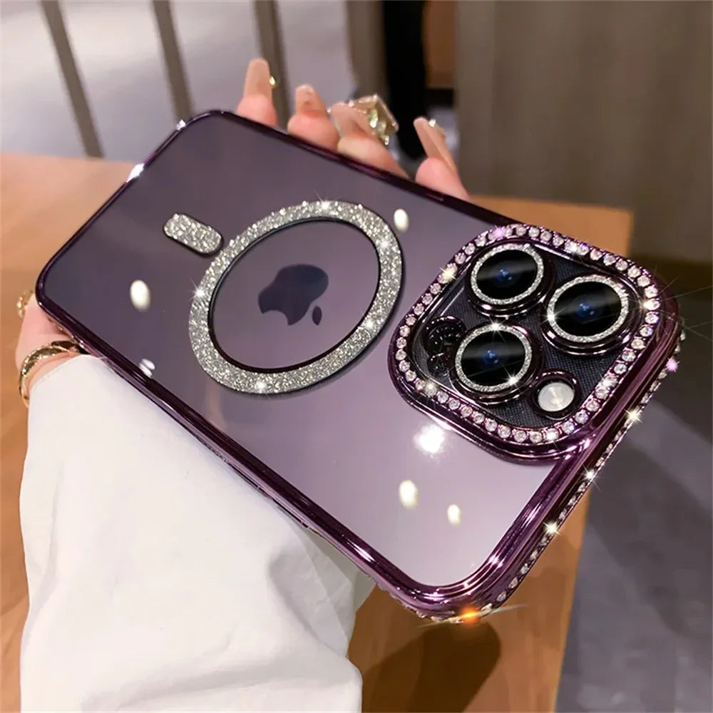 2024 New Fashion Glitter Diamond Transparent Case For iPhone 16 15 14 Plus 13 12 11 Pro Max Magnetic Wireless Charge Back Cover
