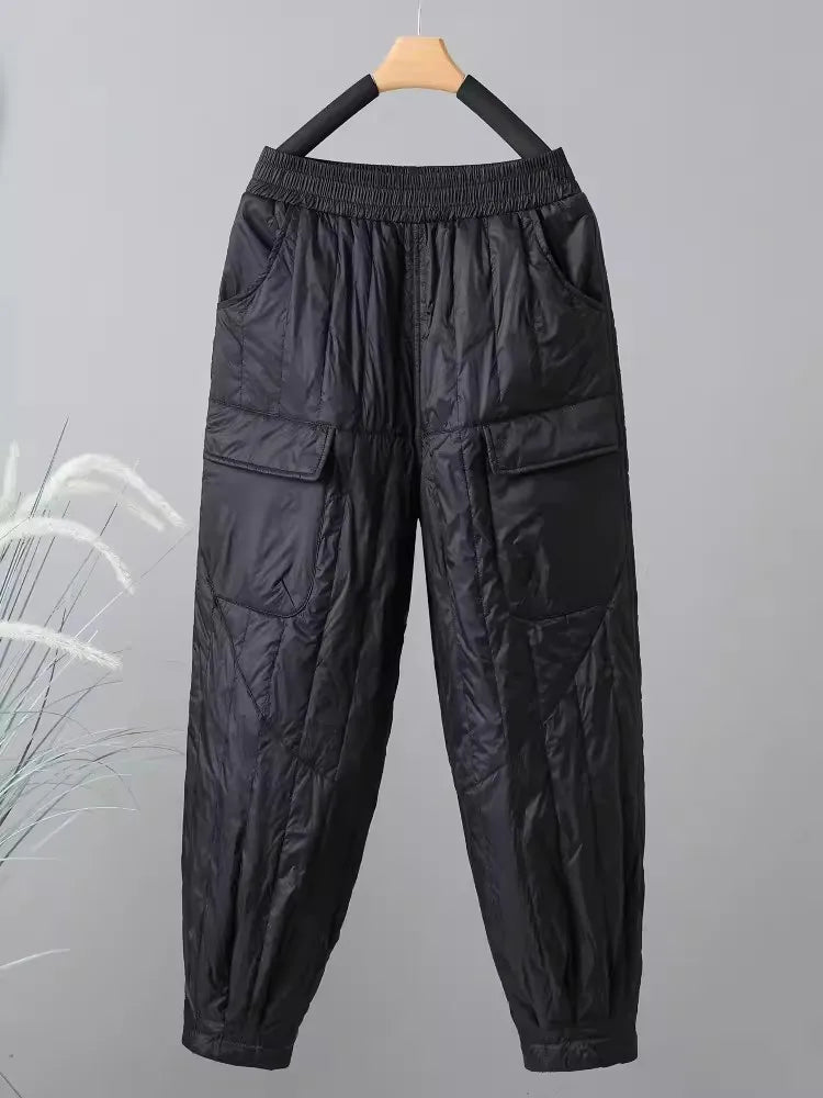 Elegant Light Weight Warm Down Cotton Trousers 2024 New Winter Outerwear Work Trousers Windproof Quilted Harem Pants for Women