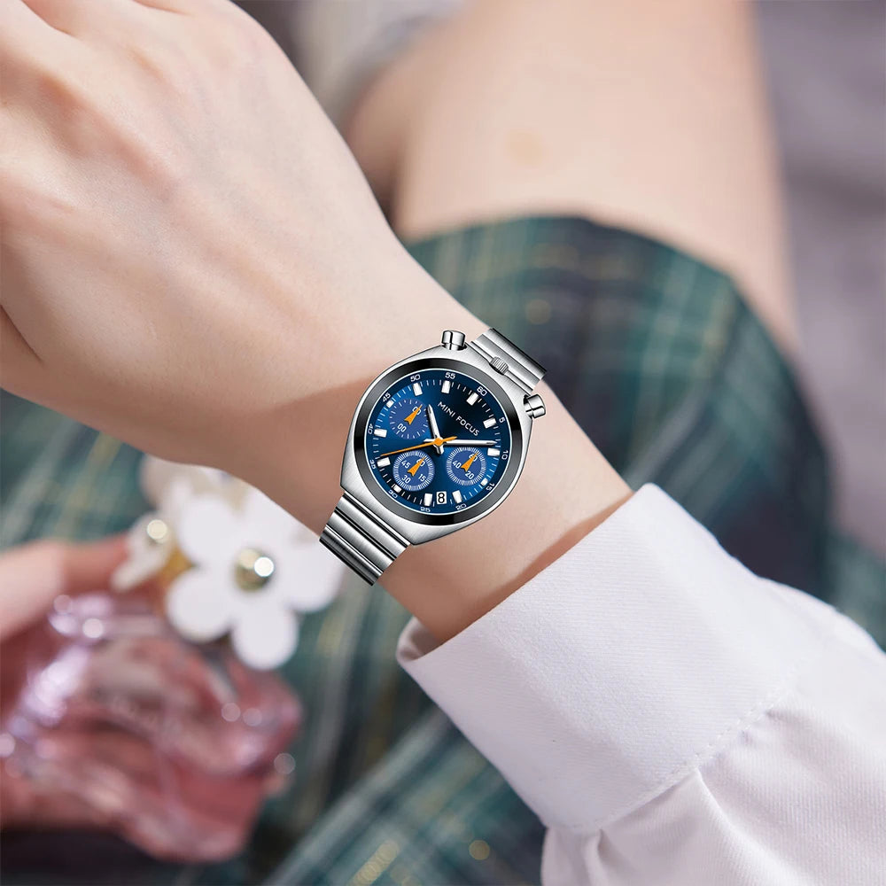 MINI FOCUS Elegant Multifunctional Watch for Women Fashion Waterproof Quartz Ladies Watches Steel Band Bull Head Wristwatch Gift