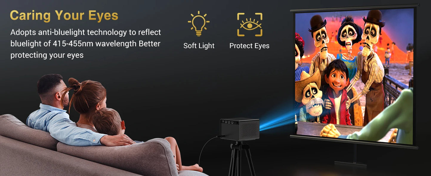 HAPPRUN Electric Focus Mini 1080P Bluetooth Projector, 200" Outdoor Movie Support, Compatible with Smartphone/HDMI/USB/PS5