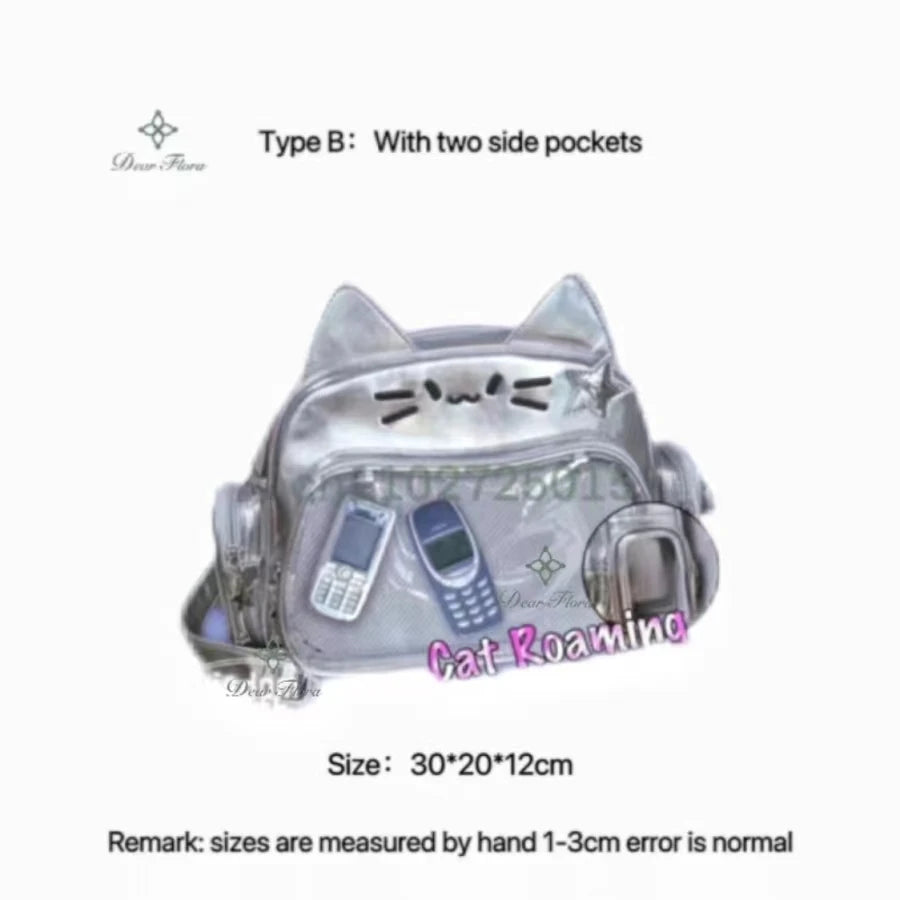 New Y2K Korean Kawaii Cat Ita Bag Cute PU Shoulder Bag Girls Transparent Pocket Harajuku Crossbody Bag Women's Fashion Backpacks