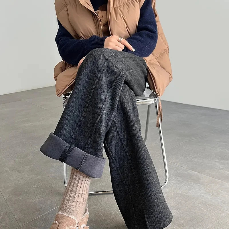 Women's Autumn/Winter New Herringbone Striped Flannel Wide leg Pants Woolen Split Pants Straight leg Narrow Version Banana Pants