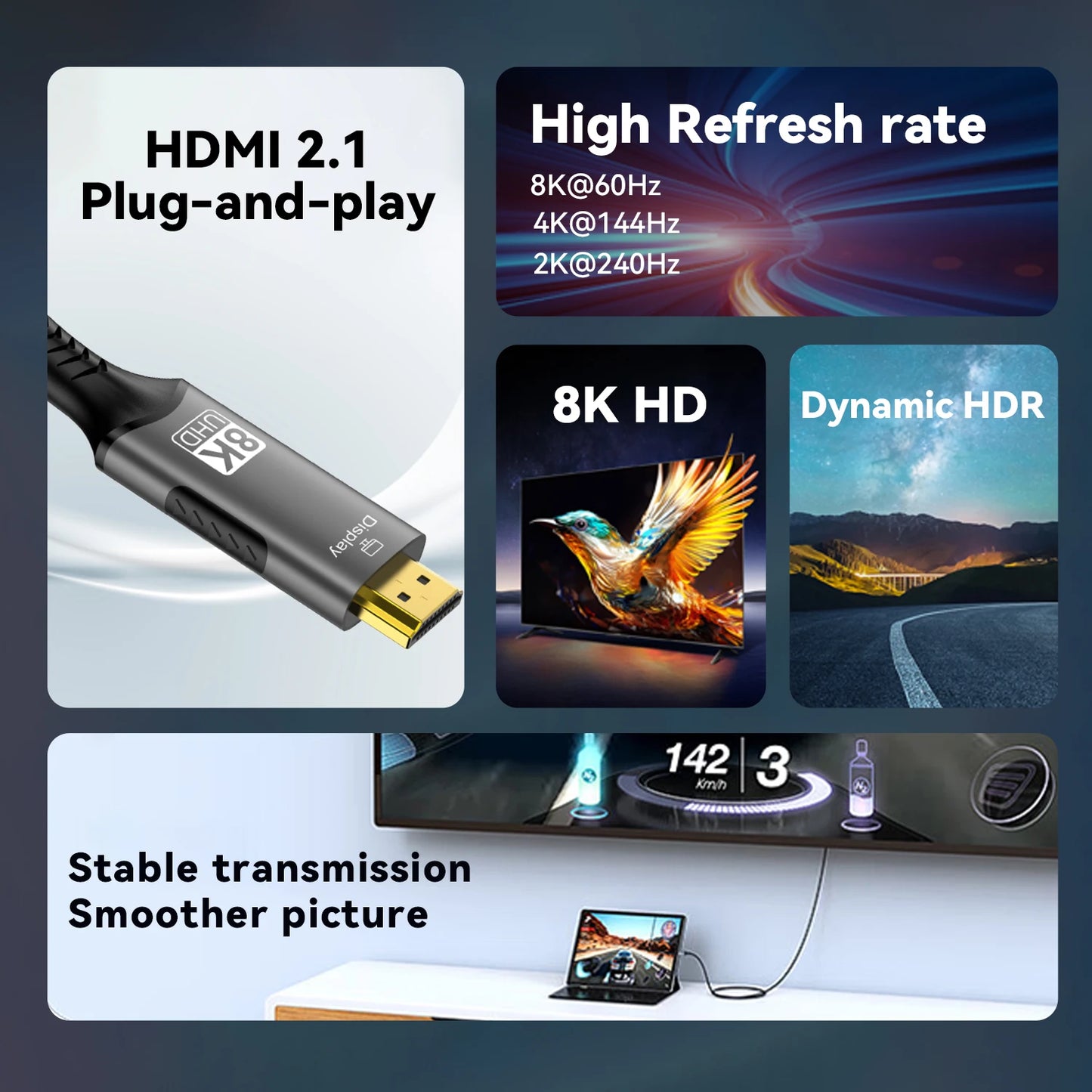 FDBRO USB Type C to HDMI 2.1 Cable Adapter 8K@60Hz,4K@60Hz 6FT Aluminum Type-C to HDMI Braided Cord for Laptop Tablet Galaxy S24