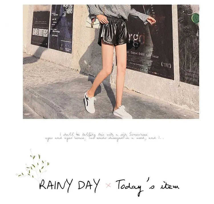 Shorts Women Ulzzang Chic Elastic Waist Pockets Loose Simple Pure Black Trendy Ins PU Leather Fall Casual 3XL Female All-match