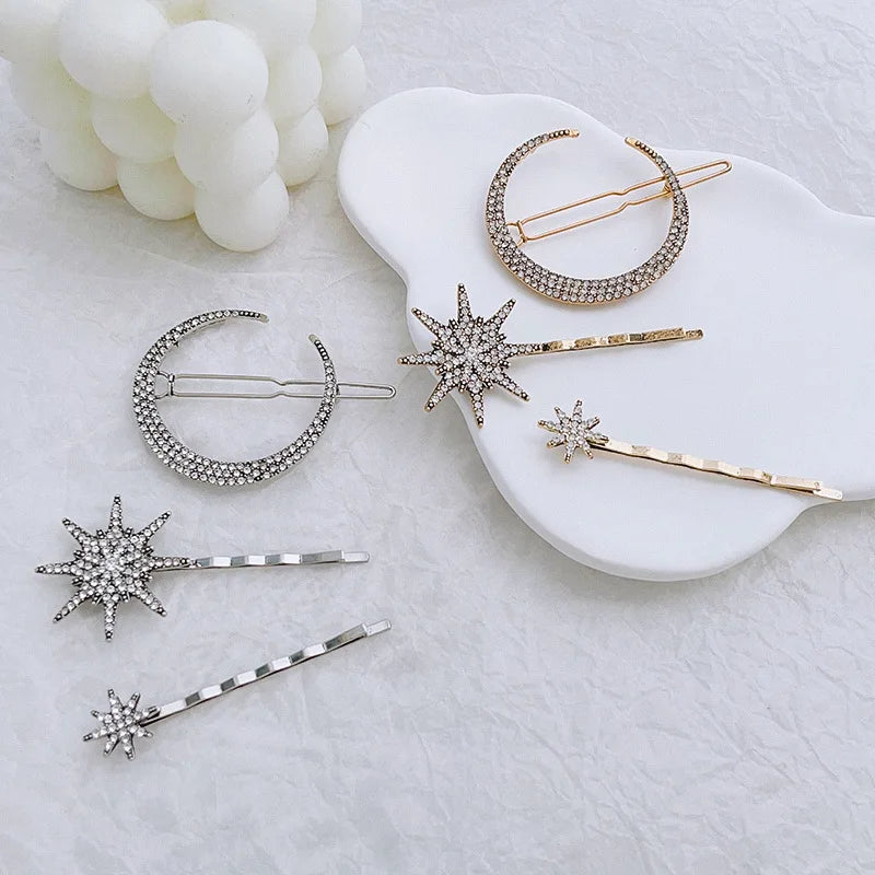 New Geometric Stars Moon Rhinestone Hair Clip Set Snowflake Star Bride Hairpins Women Side Clip Hair Barrettes Hair Jewelry Gift