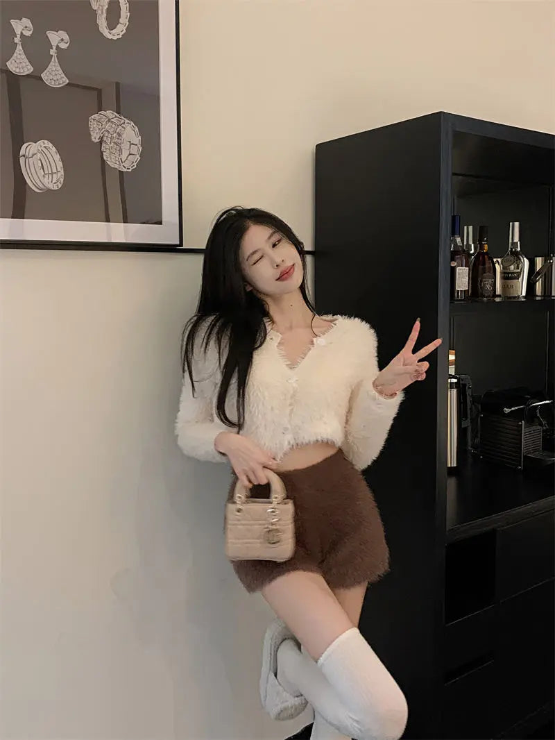Warm Fluffy Shorts for Women High Waist Autumn Winter Korean Style Fashion Elegant Hot Sweet Female All-match Street Wear Mujer