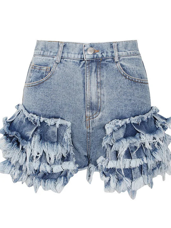 CHICEVER Casual Blue Shorts For Women High Waist Patchwork Ruffles Pockets Asmmetrical Slim Short Pant Female 2021 Summer New