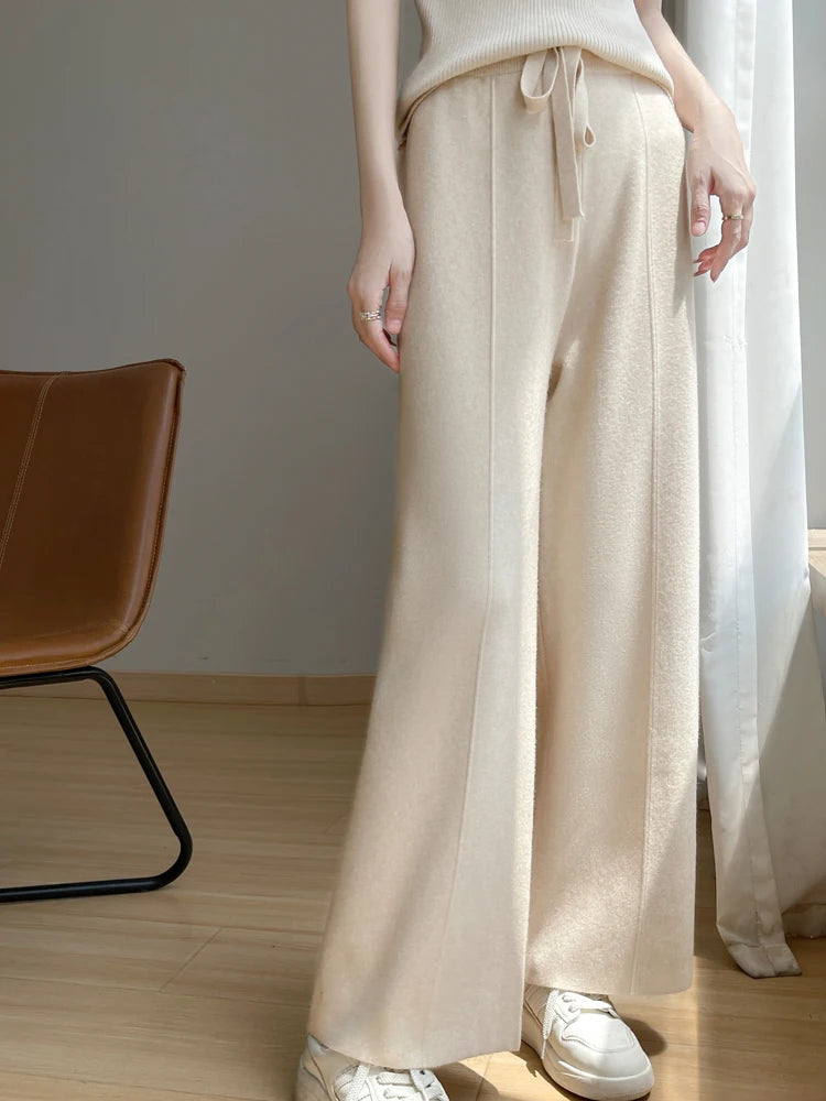 2024 Women's Cashmere Pants Sports Pants Women's Autumn and Winter High Waist Drawstring Warm Pants Knitted Cashmere Warm Pants