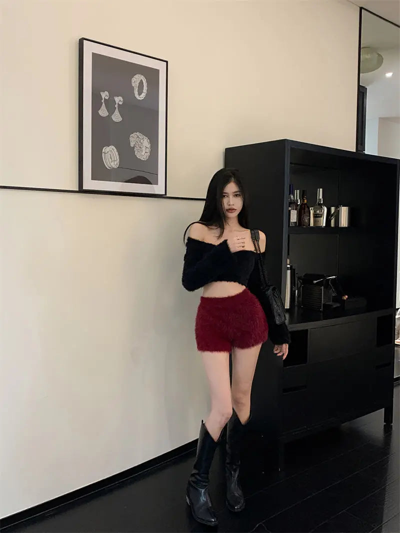 Warm Fluffy Shorts for Women High Waist Autumn Winter Korean Style Fashion Elegant Hot Sweet Female All-match Street Wear Mujer