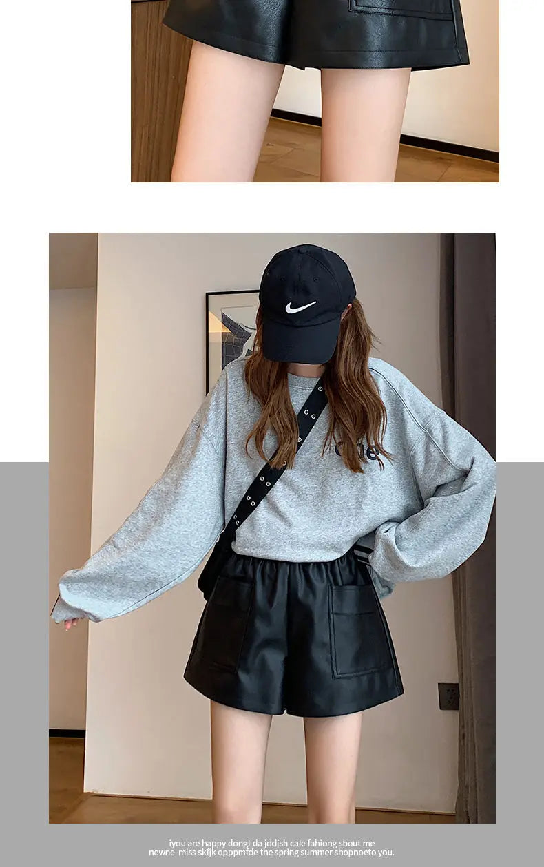 Shorts Women Ulzzang Chic Elastic Waist Pockets Loose Simple Pure Black Trendy Ins PU Leather Fall Casual 3XL Female All-match