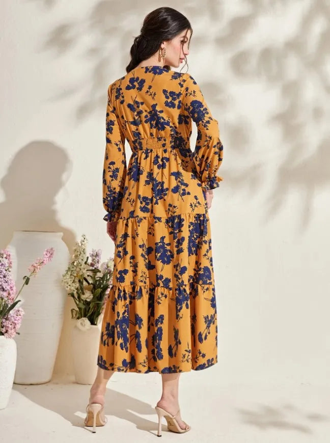 Autumn Women's New Sexy V-neck Fashionable Printed Cake Long Sleeves Medium To Long Length Casual Comfortable Dress For Women