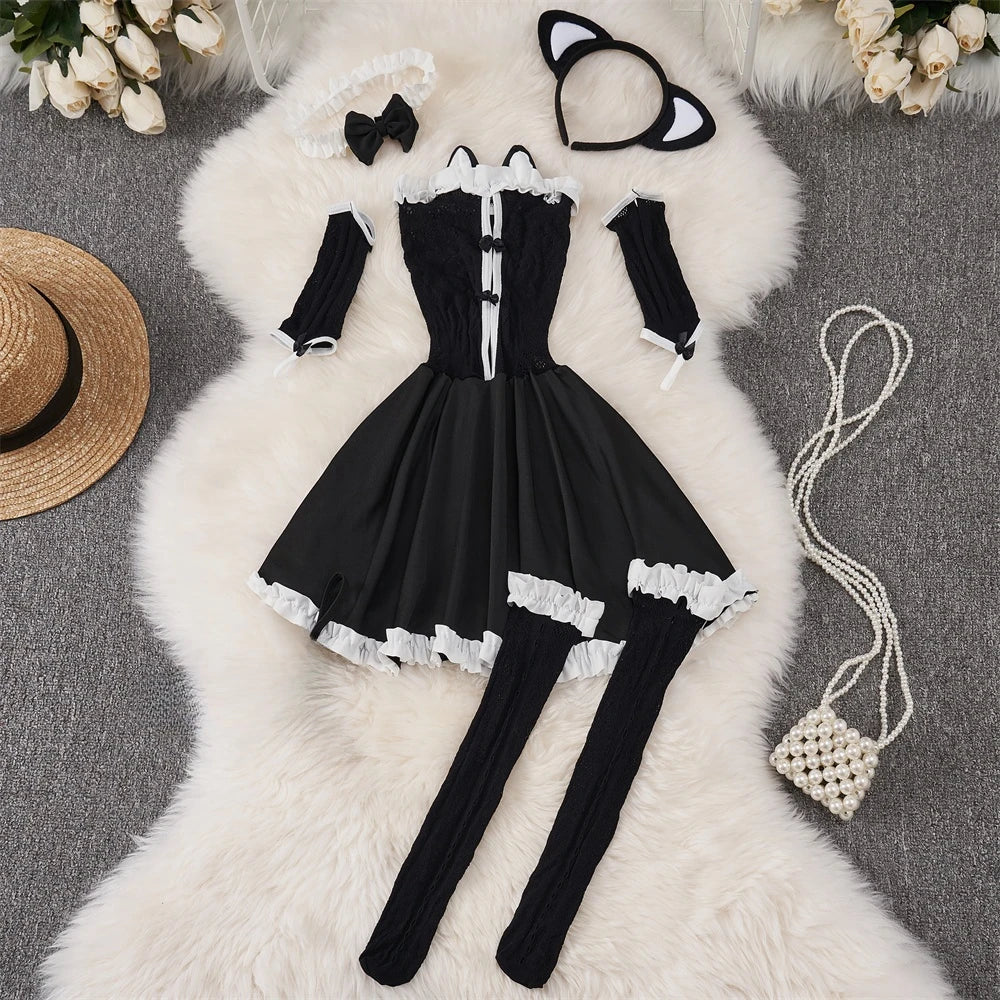 Japanese Sexy Print Kimono Slim Fit V-Neck Nightgown Loose Petal Sleeves Women's Erotic Lingerie Mini Irregular Patchwork Dress