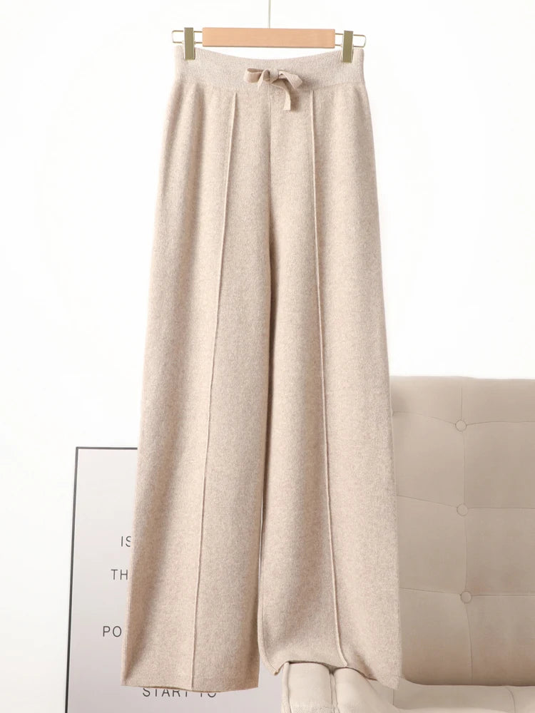 Women 100% Merino Wool Knitted Wide Leg Pants Autumn Winter Basic Soft Warm Cashmere Knit Trousers Casual Simple Style Korean