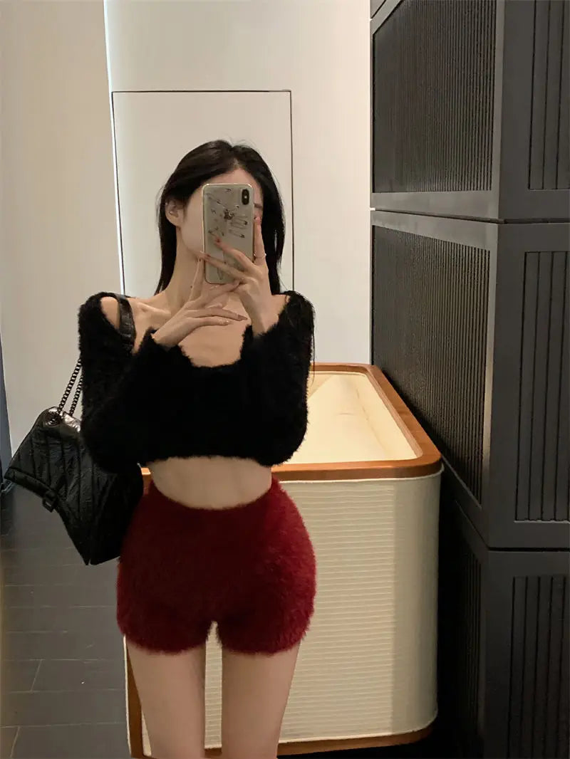 Warm Fluffy Shorts for Women High Waist Autumn Winter Korean Style Fashion Elegant Hot Sweet Female All-match Street Wear Mujer