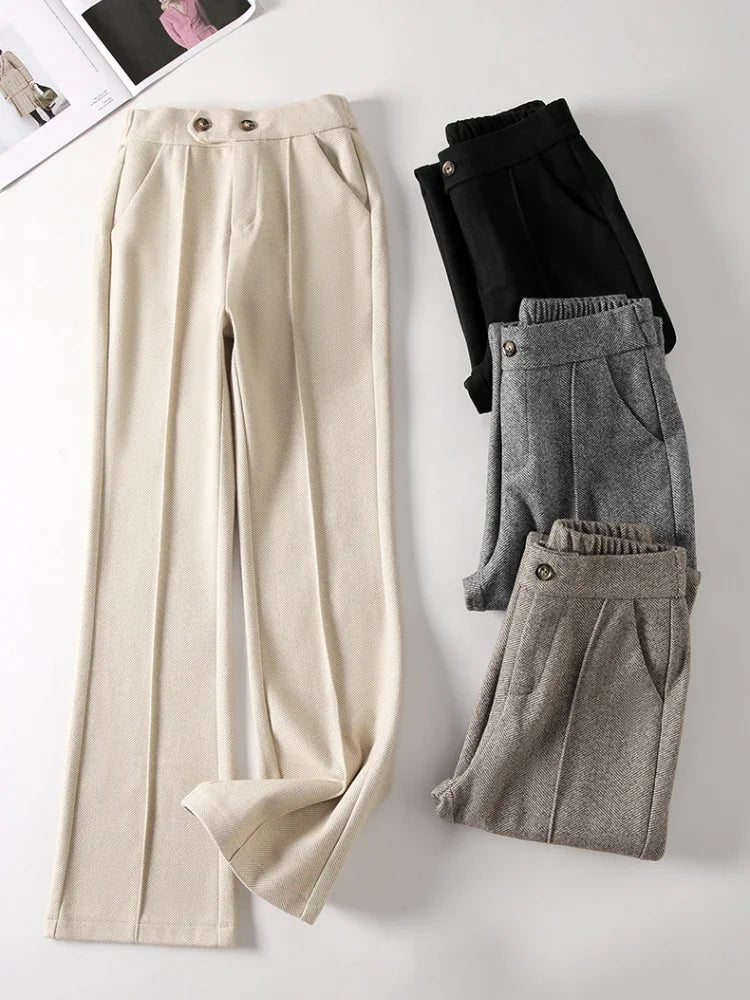 Herringbone Woolen Women's Pants Autumn and Winter 2024 New Elastic Waist Flare Pants Fashion Warm Comfort Black Trousers Women