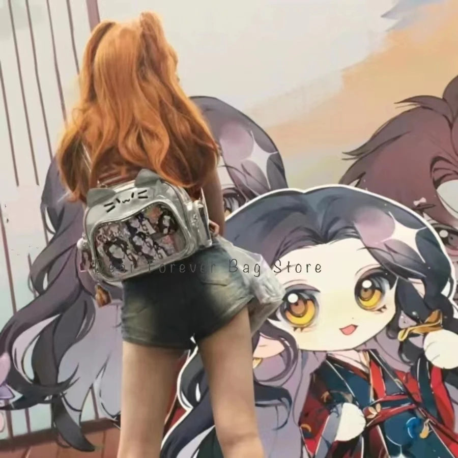 New Y2K Korean Kawaii Cat Ita Bag Cute PU Shoulder Bag Girls Transparent Pocket Harajuku Crossbody Bag Women's Fashion Backpacks
