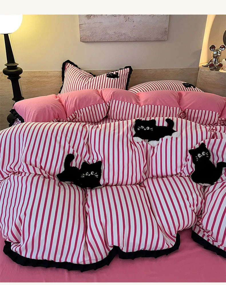 Korean Style Bedding Set Green Strip Black Cat Embroidery Washed Cotton  Duvet Cover Cute Cardboard  Bed linen Comforter Sets