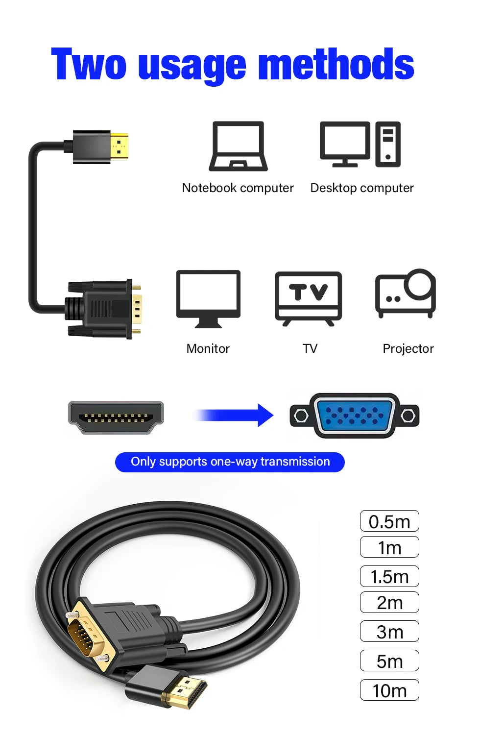 HDMI-Compatible to VGA Adapter Connecto Line Converter Cable 0.5m 3m 5m 10m FHD 1080P For Desktop Laptop PC TV Monitor Projector