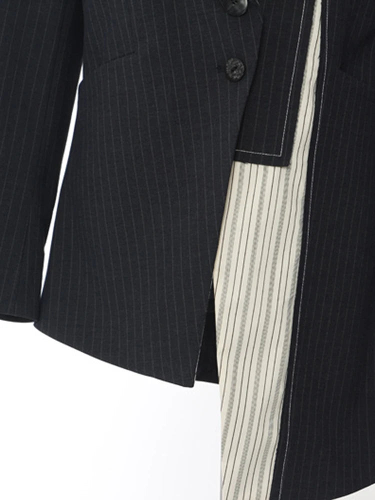 [EAM] Women Navy Blue Striped Irregular Elegant Blazer New Lapel Long Sleeve Jacket Fashion Tide Spring Autumn 2024 1DH5930