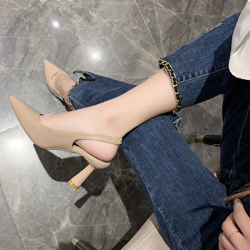 Summer Fashion New Pointed Toe Stiletto Heel Shallow Mouth Breathable PU Comfortable and Elegant Women's Shoes Sexy Sandals