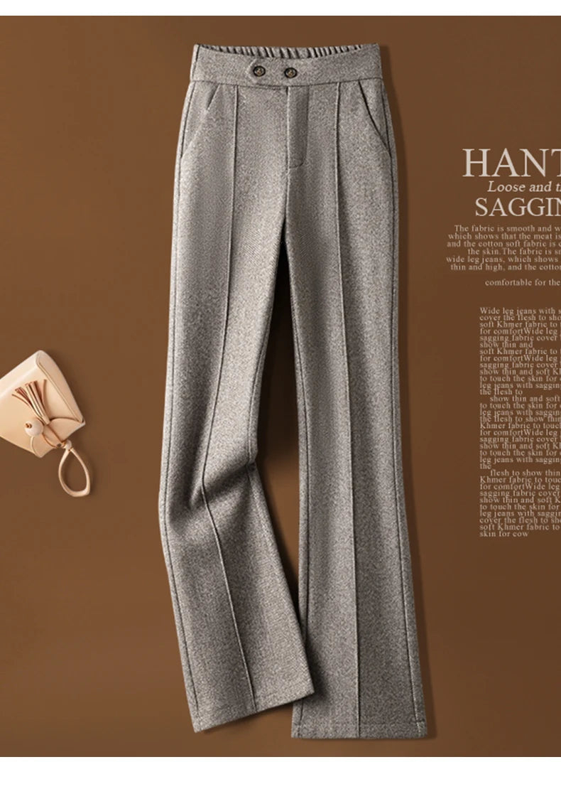 Herringbone Woolen Women's Pants Autumn and Winter 2024 New Elastic Waist Flare Pants Fashion Warm Comfort Black Trousers Women