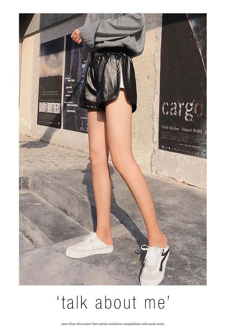 Shorts Women Ulzzang Chic Elastic Waist Pockets Loose Simple Pure Black Trendy Ins PU Leather Fall Casual 3XL Female All-match