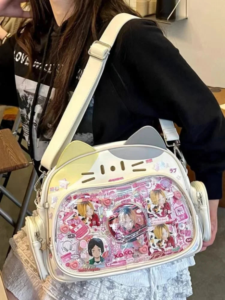 New Y2K Korean Kawaii Cat Ita Bag Cute PU Shoulder Bag Girls Transparent Pocket Harajuku Crossbody Bag Women's Fashion Backpacks