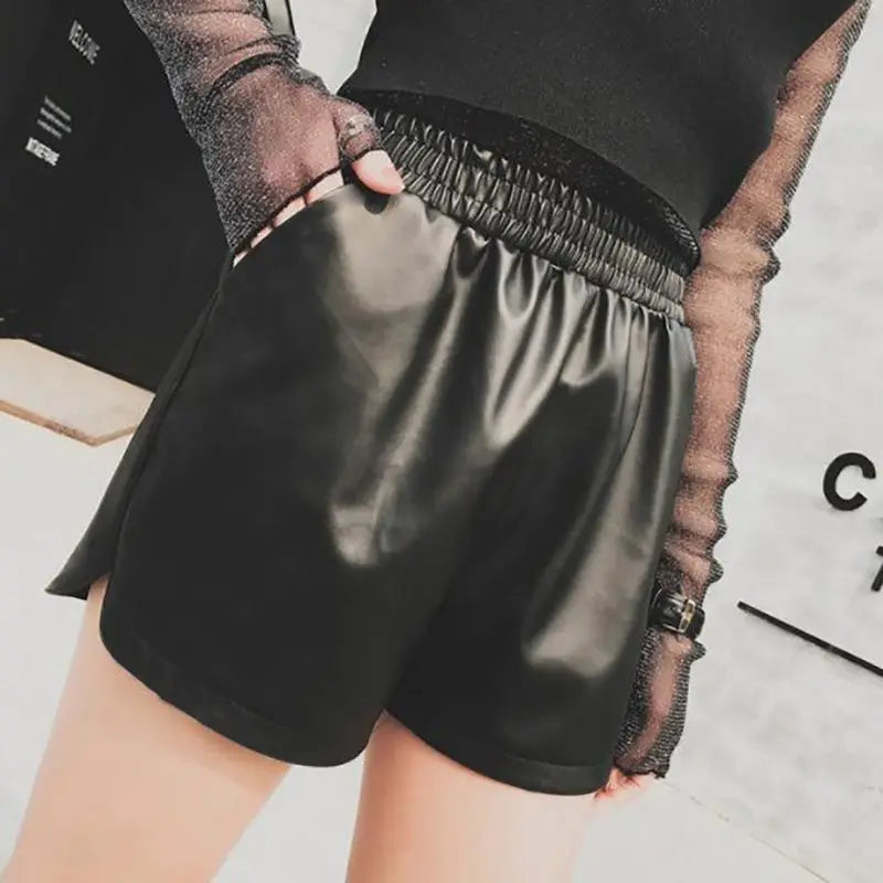 Shorts Women Ulzzang Chic Elastic Waist Pockets Loose Simple Pure Black Trendy Ins PU Leather Fall Casual 3XL Female All-match
