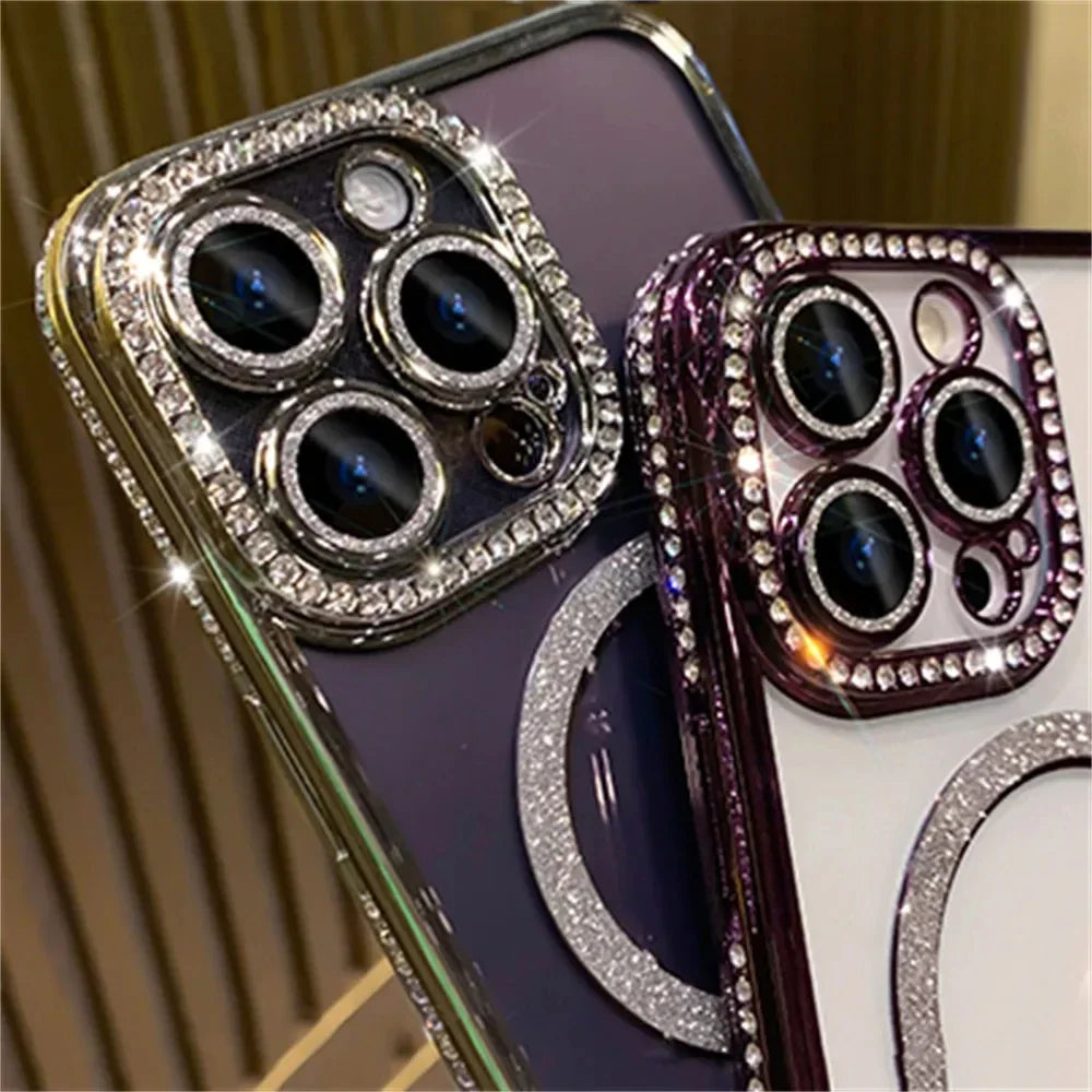 2024 New Fashion Glitter Diamond Transparent Case For iPhone 16 15 14 Plus 13 12 11 Pro Max Magnetic Wireless Charge Back Cover