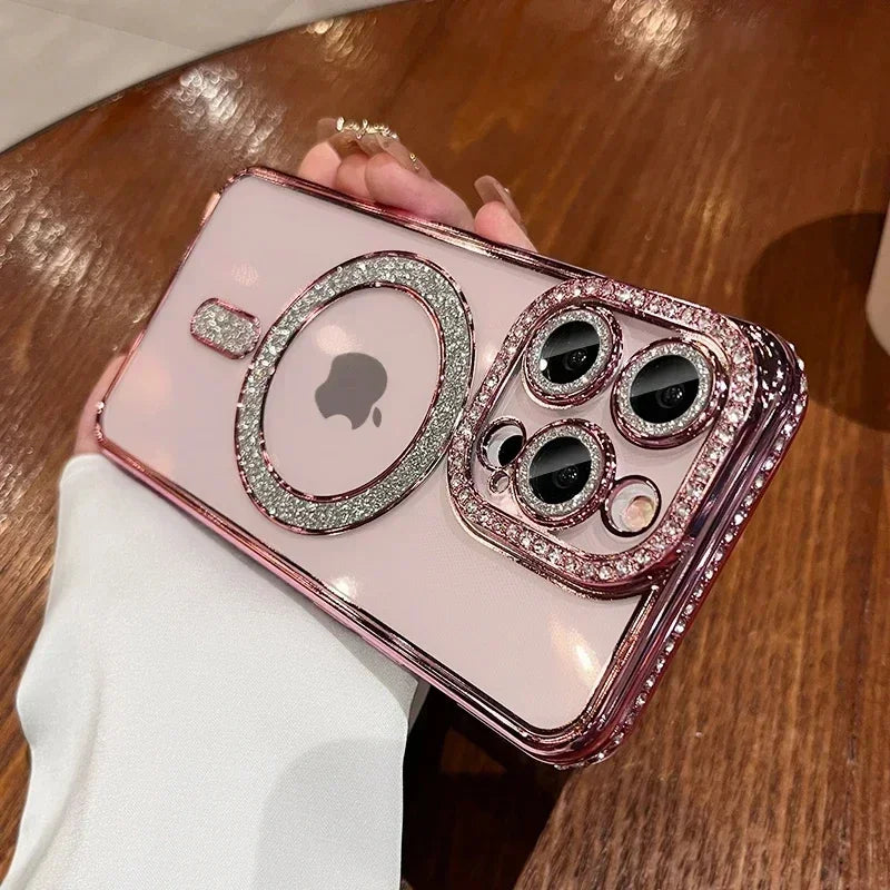 2024 New Fashion Glitter Diamond Transparent Case For iPhone 16 15 14 Plus 13 12 11 Pro Max Magnetic Wireless Charge Back Cover