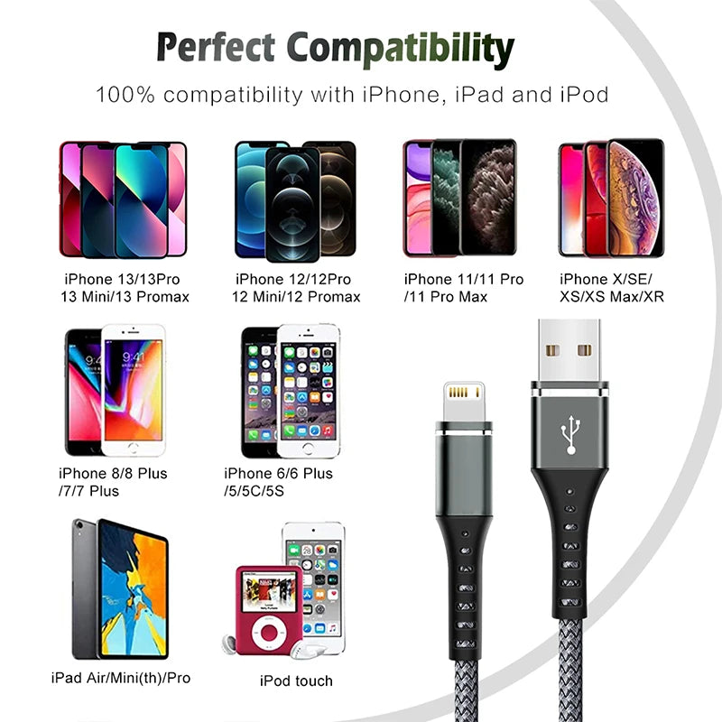 Original Fast USB Charging Cable for iPhone 14 8 7 6S Plus X XR XS 13 12 11 Pro Max SE Nylon Braided USB Charger Cord Data Cable