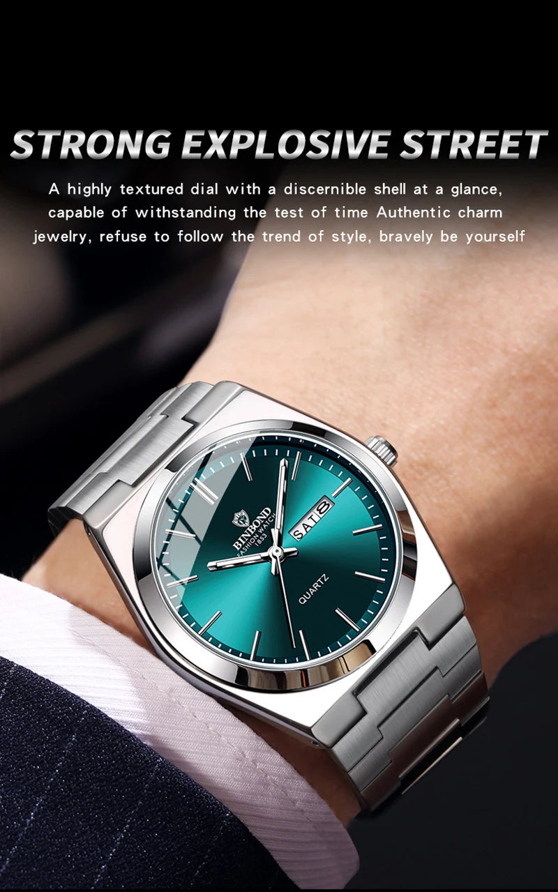 Men Watch Light Luxury Brand Stainless Steel Double Calendar Waterproof Male Business Leisure Fashion Quartz Clock Watches W004