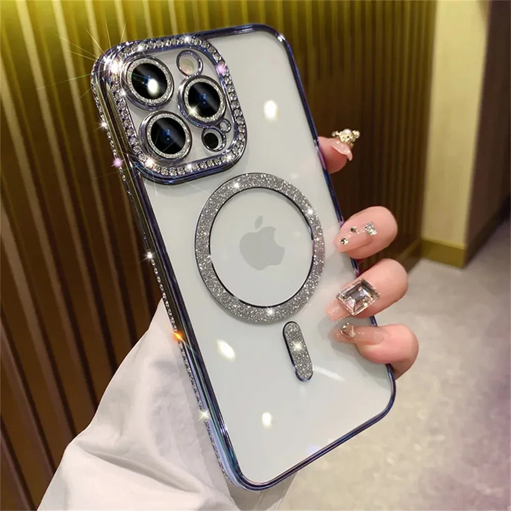 2024 New Fashion Glitter Diamond Transparent Case For iPhone 16 15 14 Plus 13 12 11 Pro Max Magnetic Wireless Charge Back Cover