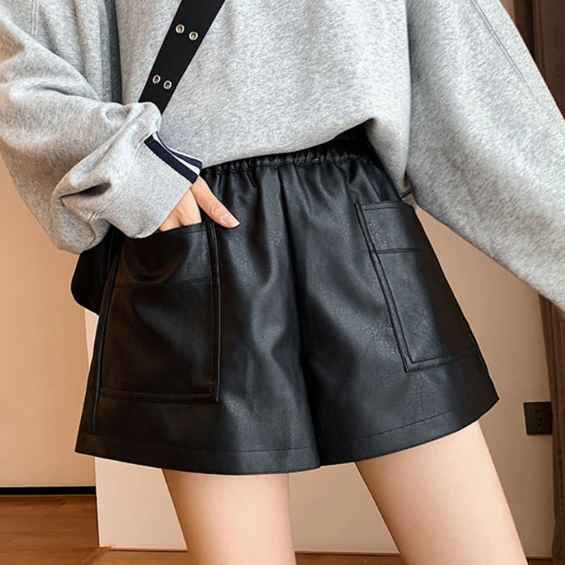 Shorts Women Ulzzang Chic Elastic Waist Pockets Loose Simple Pure Black Trendy Ins PU Leather Fall Casual 3XL Female All-match
