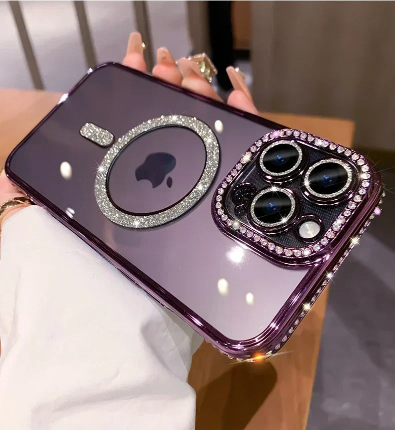 2024 New Fashion Glitter Diamond Transparent Case For iPhone 16 15 14 Plus 13 12 11 Pro Max Magnetic Wireless Charge Back Cover