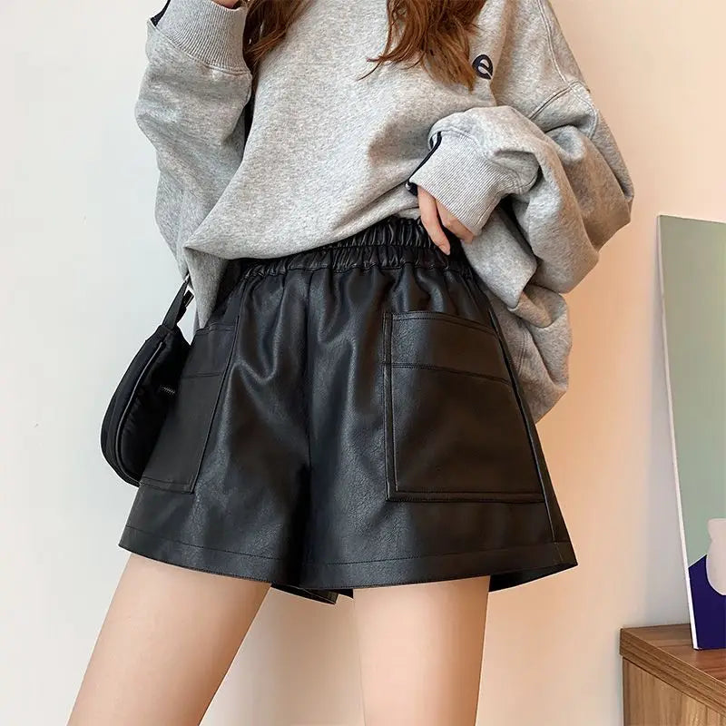 Shorts Women Ulzzang Chic Elastic Waist Pockets Loose Simple Pure Black Trendy Ins PU Leather Fall Casual 3XL Female All-match