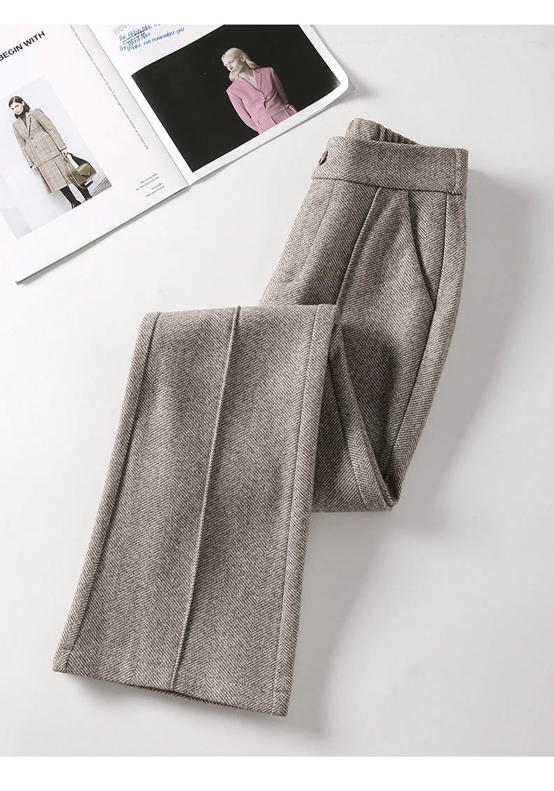Herringbone Woolen Women's Pants Autumn and Winter 2024 New Elastic Waist Flare Pants Fashion Warm Comfort Black Trousers Women