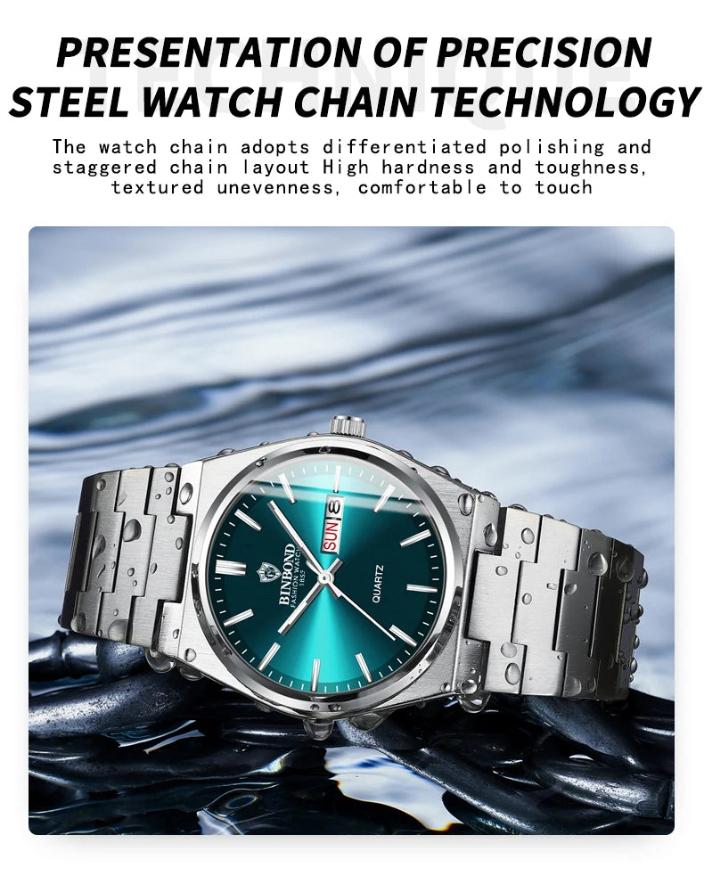 BINBOND Fashion New Men Business Watch Leisure Quartz Stainless Steel Buckle Watches Waterproof Luminous Calendar Men's Watches