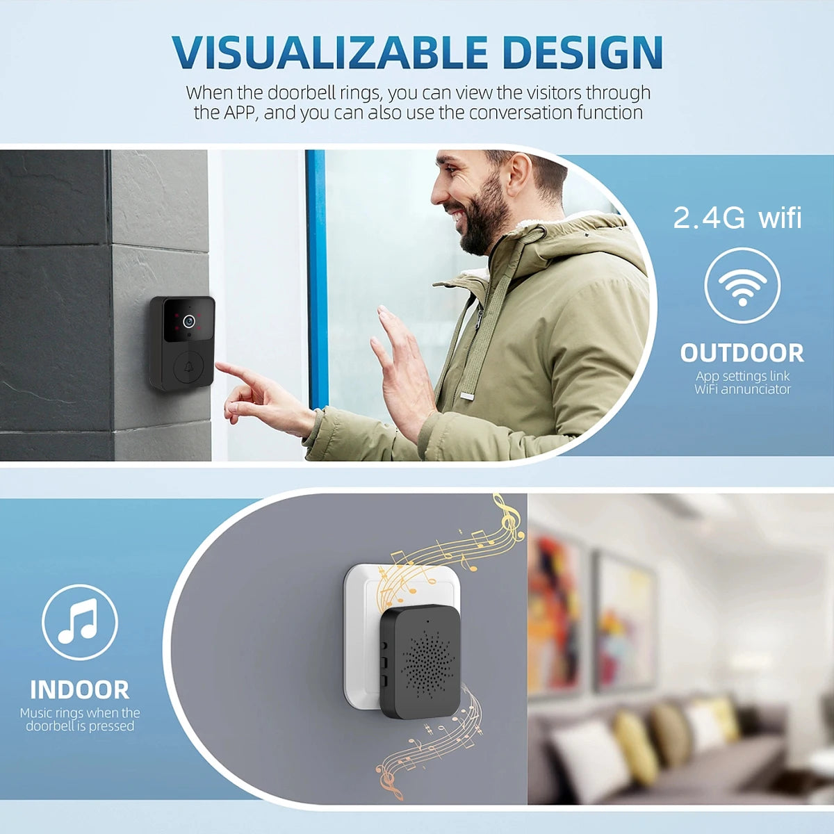 Tuya Wireless Video Doorbell, Smart Doorbell Camera Works with Tuya APP, HD Surveillance with Night Vision & Motion Alerts
