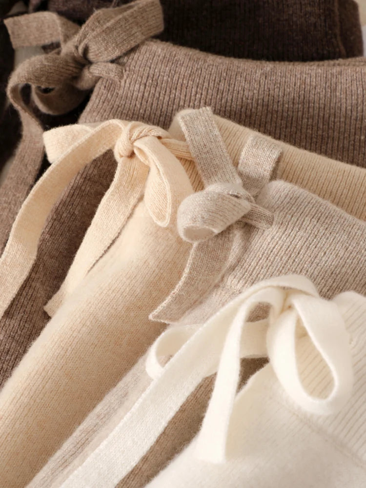 Women 100% Merino Wool Knitted Wide Leg Pants Autumn Winter Basic Soft Warm Cashmere Knit Trousers Casual Simple Style Korean