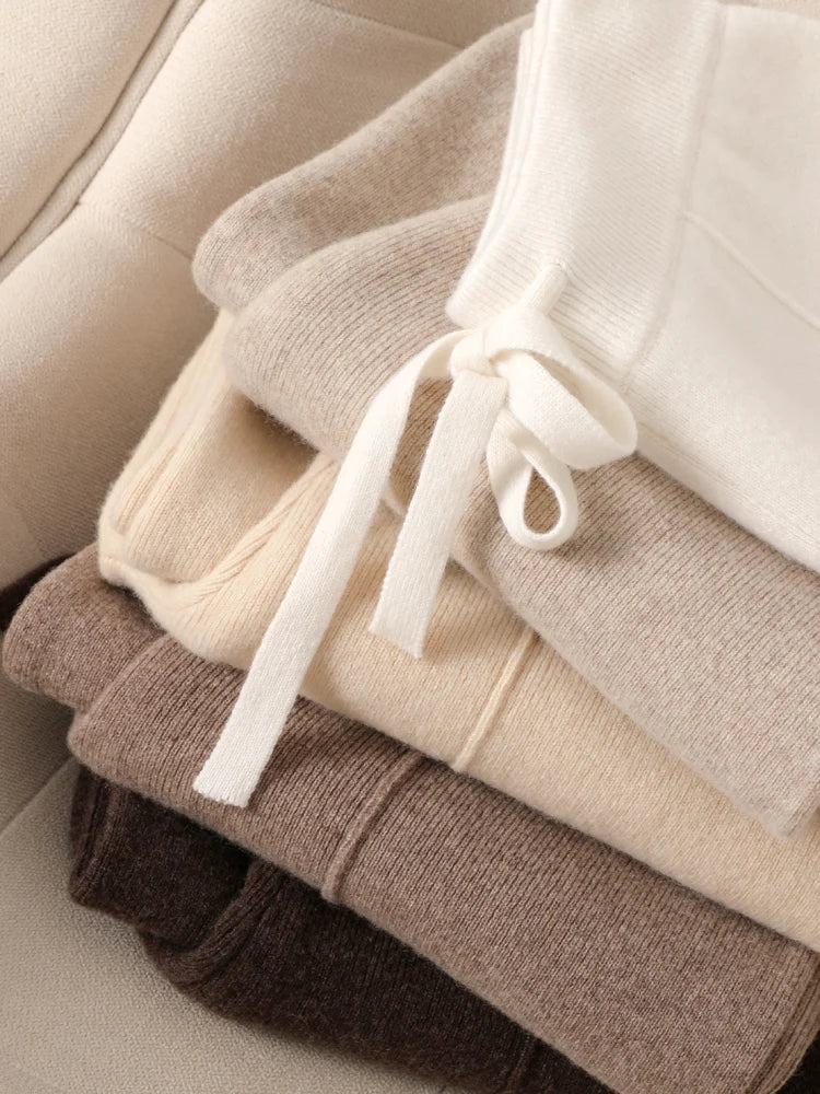 Women 100% Merino Wool Knitted Wide Leg Pants Autumn Winter Basic Soft Warm Cashmere Knit Trousers Casual Simple Style Korean
