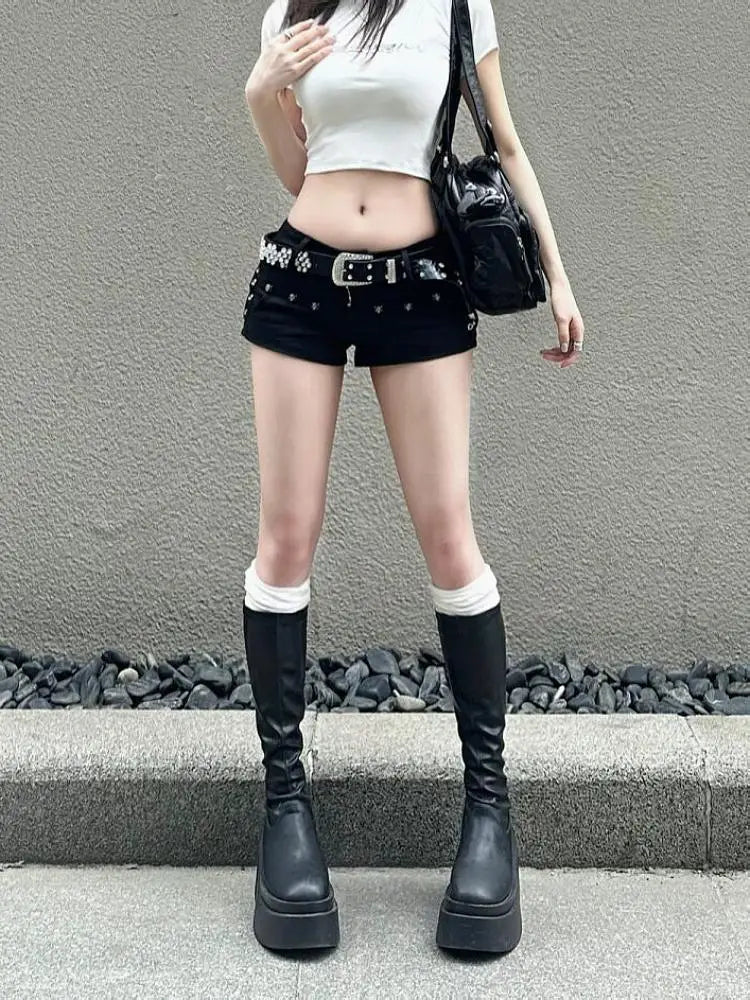 Hotsweet High Waist 2000S Black Sheath Slim Fit Y2K Denim Shorts Women's Fashion Casual Sexy Street Harajuku Style Shorts